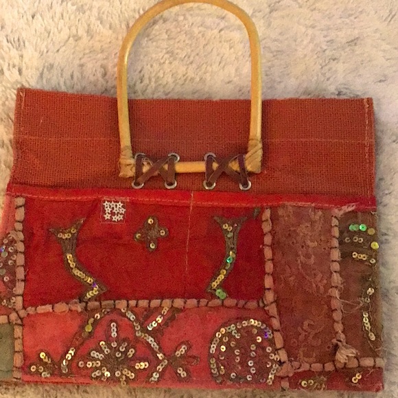 Vintage Bags Made In India Antique Silk Beaded Bamboo Tote Bag